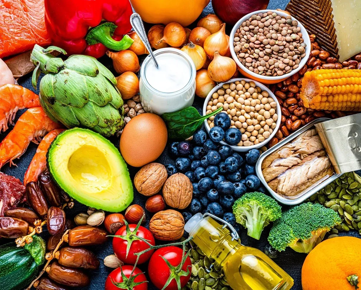 Close view of mixed whole ingredients arranged as a collage